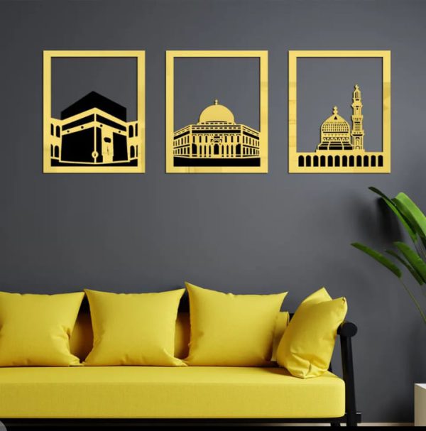 Set Of 3 Masjid Al-haram – Masjid Al-Aqsa & Masjid An-Nabawi Wall Decor Wall Sticker Muslim Acrylic Mirror Wooden Room Decor (silver, Golden)