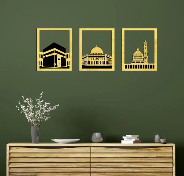 Set Of 3 Masjid Al-haram – Masjid Al-Aqsa & Masjid An-Nabawi Wall Decor Wall Sticker Muslim Acrylic Mirror Wooden Room Decor (silver, Golden)