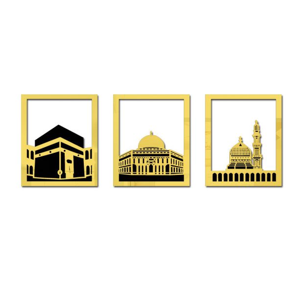 Set Of 3 Masjid Al-haram – Masjid Al-Aqsa & Masjid An-Nabawi Wall Decor Wall Sticker Muslim Acrylic Mirror Wooden Room Decor (silver, Golden)
