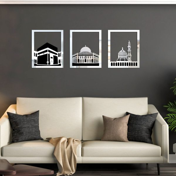 Set Of 3 Masjid Al-haram – Masjid Al-Aqsa & Masjid An-Nabawi Wall Decor Wall Sticker Muslim Acrylic Mirror Wooden Room Decor (silver, Golden)