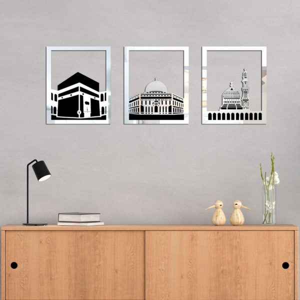 Set Of 3 Masjid Al-haram – Masjid Al-Aqsa & Masjid An-Nabawi Wall Decor Wall Sticker Muslim Acrylic Mirror Wooden Room Decor (silver, Golden)